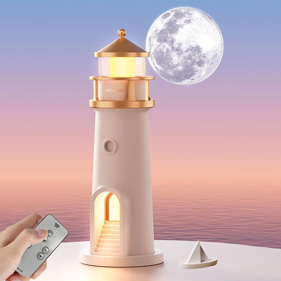 Cute Lighthouse Night Light for Kids with Moon Projector, 3-Level Dimmable Wireless Table Lamp, Rechargeable Portable LED Nightlight for Bedroom Decor, Perfect Gift for Women