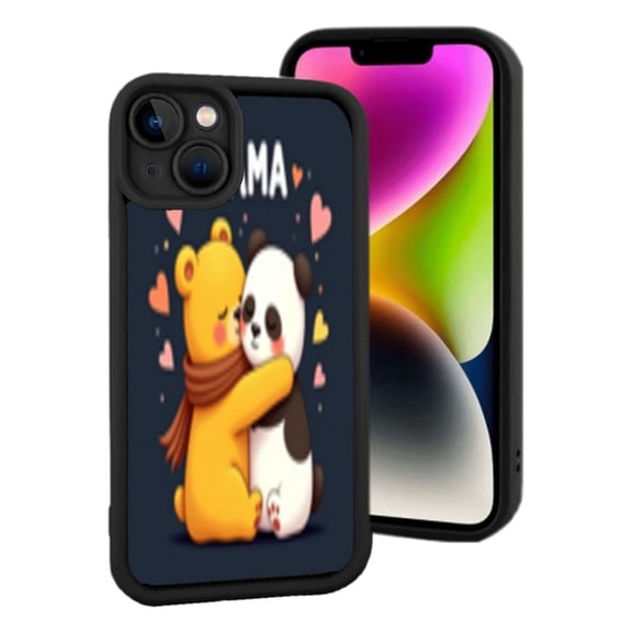 Cute Lightweight iPhone 15 Case with Adorable Yellow Bear and Panda Hugging Surrounded by Colorful Hearts on Dark Blue Background