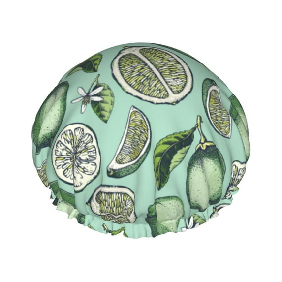 Cute Limes Leaves Flower Shower Cap, Reusable Bath Hair Hat for all Hair Lengths Hair Cover with Elastic Band Double Waterproof Layers Bathing Hat