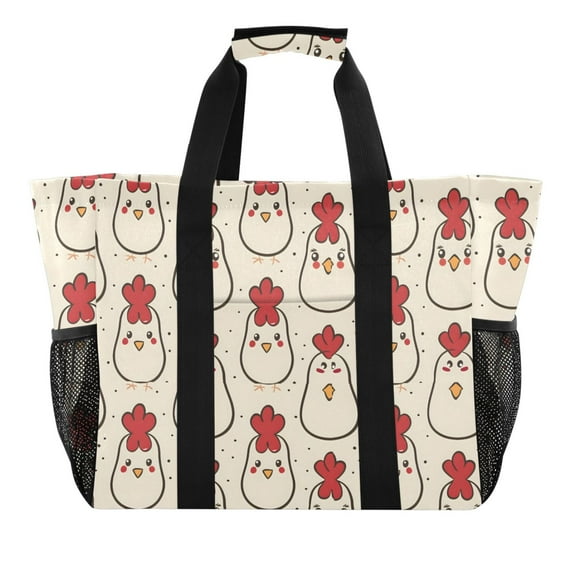 Cute Line Chicken Reusable Grocery Bags with Handle Side Pocket Waterproof Shopping Portable Tote