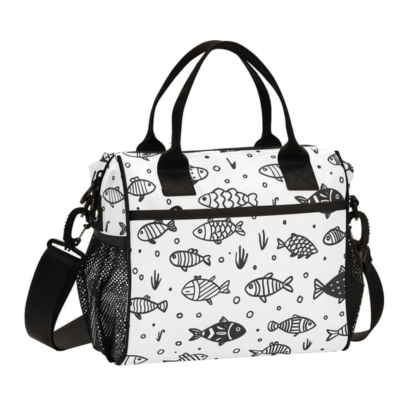 Cute Line Fishes Lunch Bag Insulated Lunch Box Leakproof Reusable Cooler Tote Adjustable Shoulder Strap for Men Women 12L