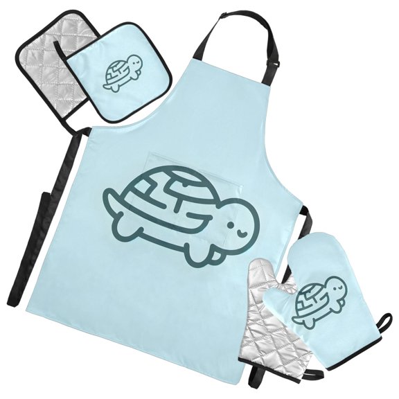 Cute Line Turtle 5 Pcs Kitchen Set Heat Resistant Oven Mitts and Non-Slip Pot Holders with Adjustable Cooking Apron