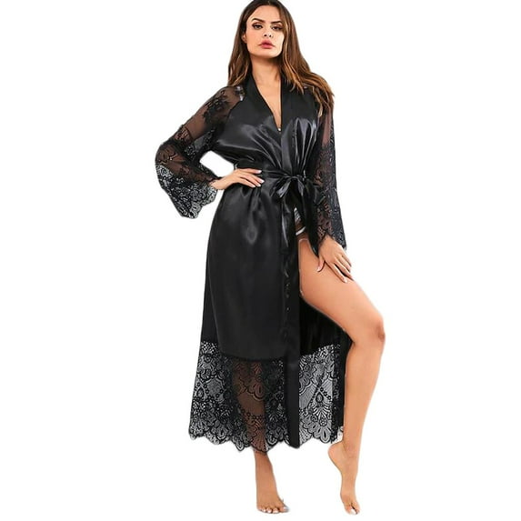 Cute Lingerie Silk Satin Kimono Robe Bathrobe Belt Pajamas Sleepwear Dress Black L