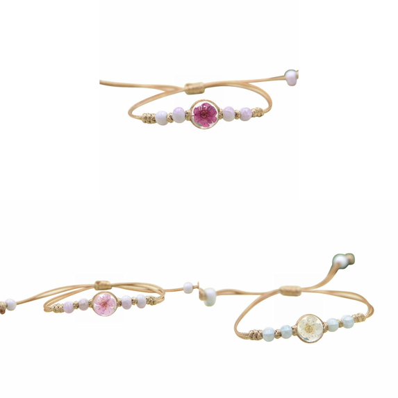 Cute Link Bracelet for Women Girl Exquisite Handmade Adjustable Braided Bracelet Lace Glass Balls Bead Dried Flower Bracelet for Women Mother's Day Valentine's Day Birthday Gifts
