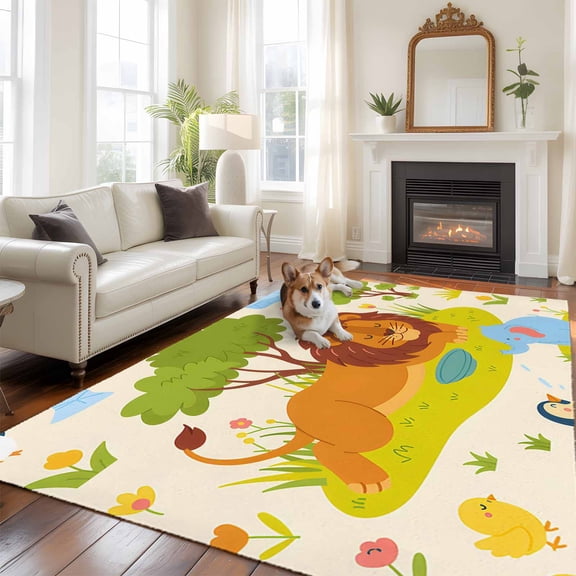 Cute Lion Area Rug 5x7 FT, Non Slip Bedroom Throw Carpet, Funny Animal Cartoon Modern Washable Soft Floor Carpet Non-Shedding Rug for Dining Room Bedside Classroom Desk