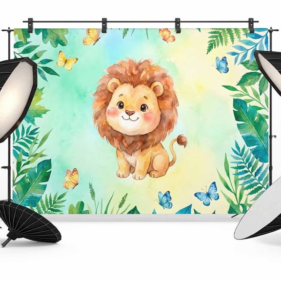 Cute Lion Backdrop for Photography, Green Leaf Blue Butterfly Summer Plants Animal Photo Backdrop Portrait Background Party Banner Photo Backgrounds for Studio Booth Props, 10x8ft