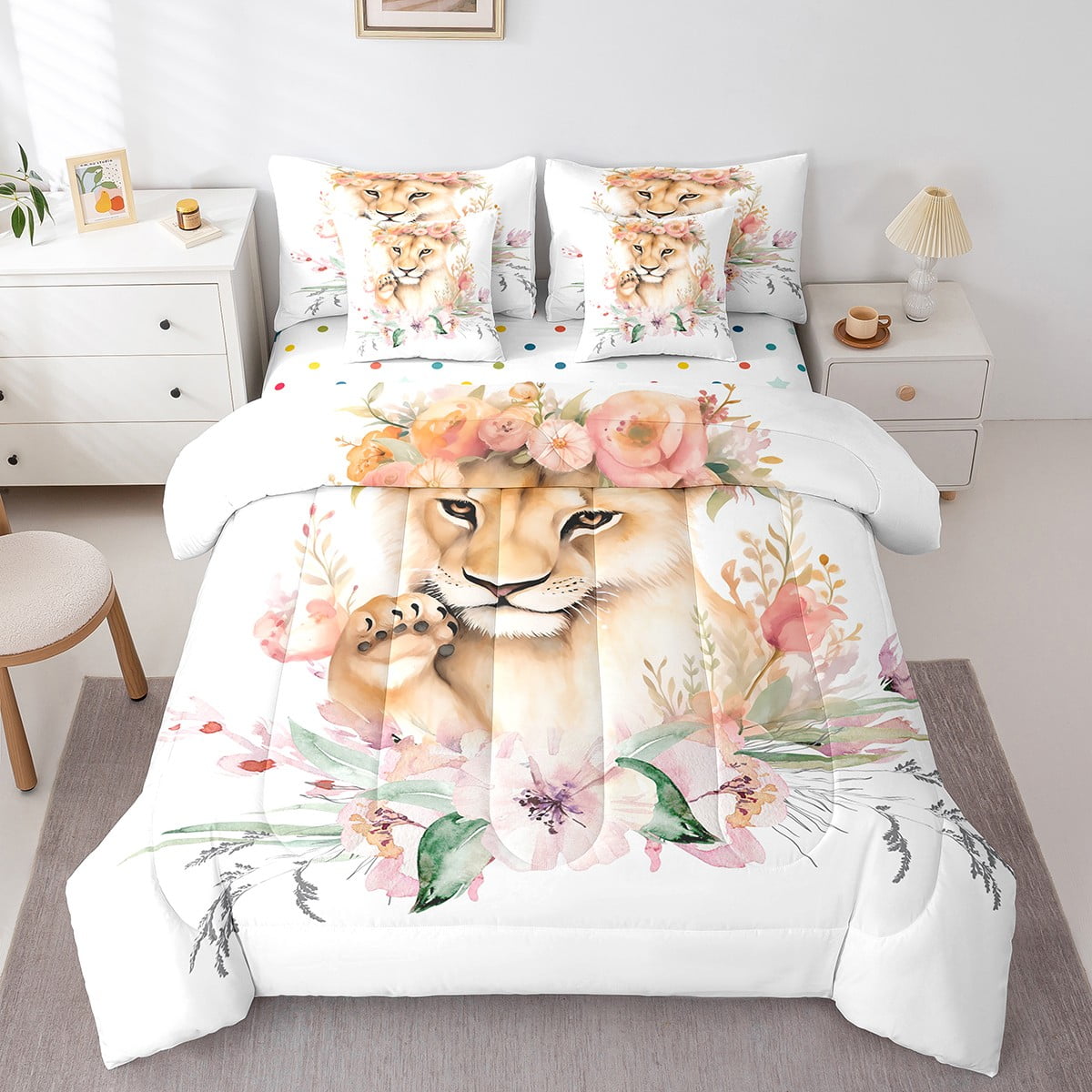 Cute Lion Bedding Comforter Sets 7 Pieces Kawaii Animal Bed in a Bag