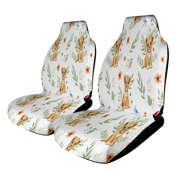 Cute Lion Cubs Floral Pattern Car Seat Covers Front Seats Universal Fit for Cars SUV Truck Auto Interior Accessories