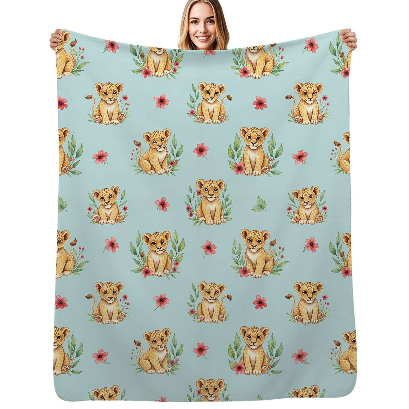 Cute Lion Cubs Floral Print Flannel Blanket Warm Soft Bedding Throws ...