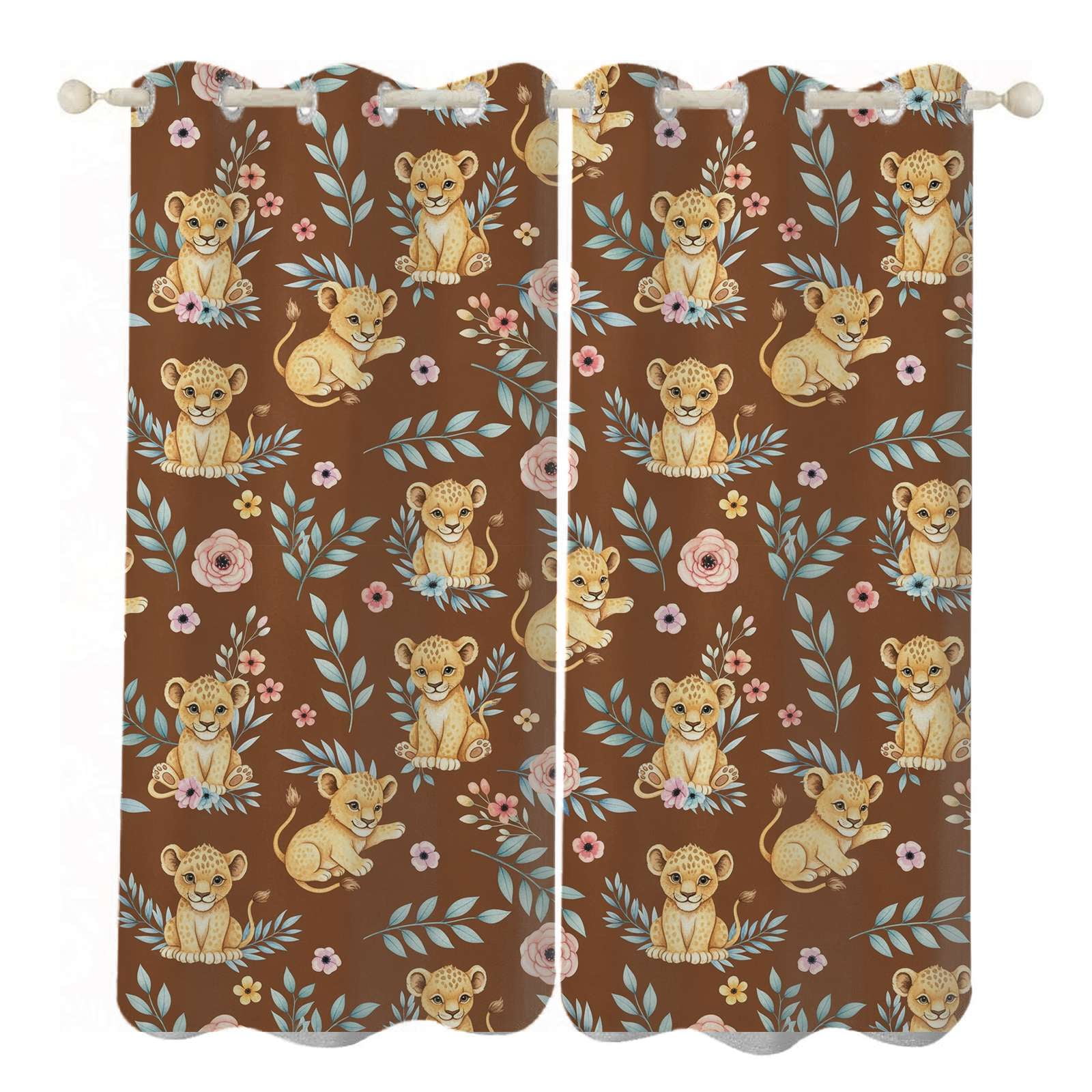 Cute Lion Cubs Floral Print Sunshade Curtains Home Bedroom Living Room ...