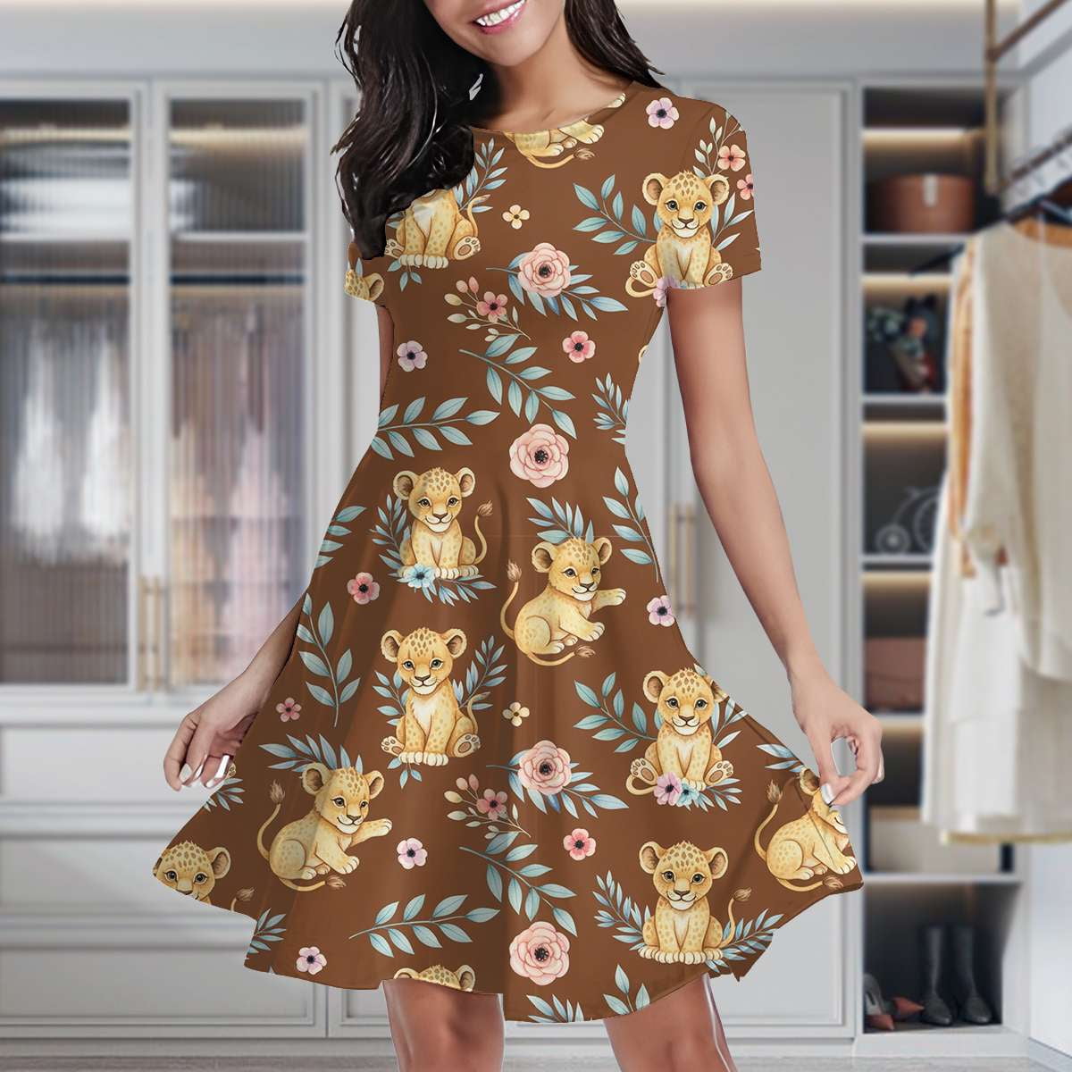 Cute Lion Cubs Floral Print Women's Classic Swing Skater Dress Casual ...