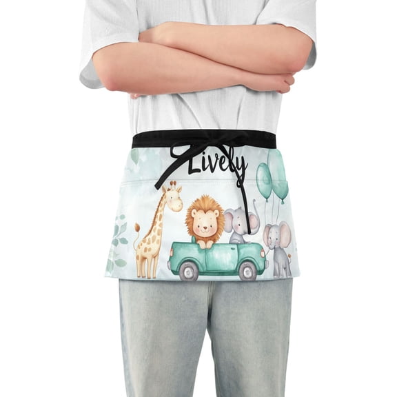 Cute Lion Elephants Giraffe on Car Short Server Apron with 3 Pockets for Unisex Chef Gardening