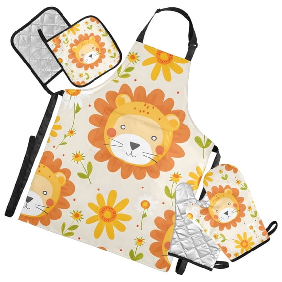 Cute Lion Face and Flower 5 Pcs Kitchen Set Heat Resistant Oven Mitts and Non-Slip Pot Holders with Adjustable Cooking Apron
