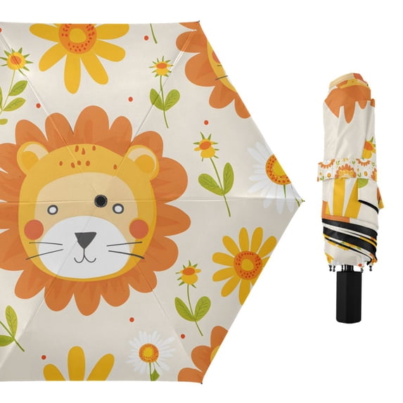 Cute Lion Face and Flower Compact Sun Umbrella Windproof Travel Umbrellas for Rain Strong Portable UV Protection