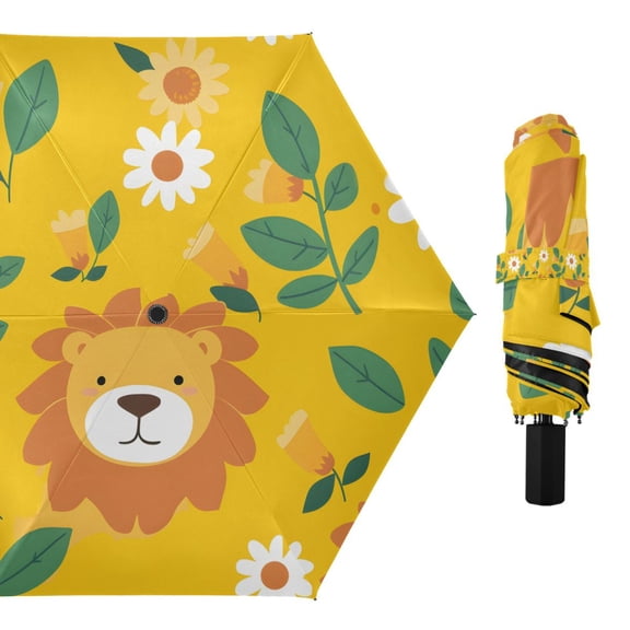 Cute Lion Face and Leaf Compact Sun Umbrella Windproof Travel Umbrellas for Rain Strong Portable UV Protection