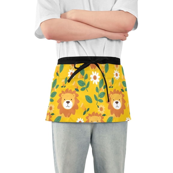 Cute Lion Face and Leaf Server Apron with 3 Pockets Waterproof Waitress Waist Short Apron for Man Woman 12 Inches