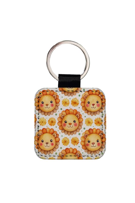 Cute Lion Faces Watercolor Faux Leather Square Keychain