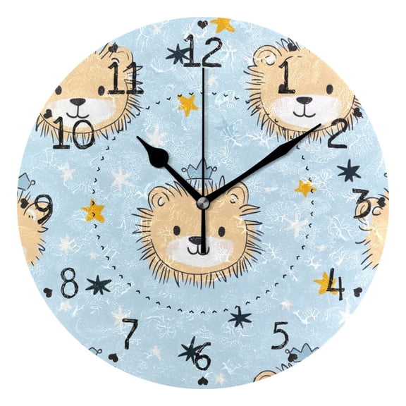 Cute Lion Faces with Crowns Stars Round Wall Clock Silent Analog Battery Operated Black Pointer Home Decor 9.84" Diameter