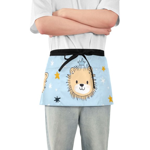 Cute Lion Faces with Crowns Stars Short Server Apron with 3 Pockets for Unisex Chef Gardening