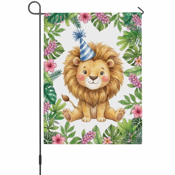 Cute Lion Garden Flags For Outdoor, Pink Flower Green Leaf Cartoon Animal Tropical Plant Small Double Side Yard Flags Weather Proof Garden Decor for Lawn Outside Holiday 12 x 18 Inches