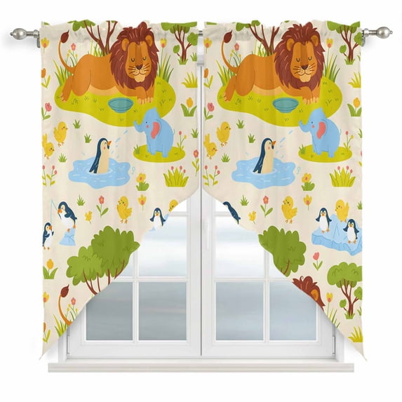 Cute Lion Kitchen Window Curtains, Swag Curtains Valance for Bedroom Living Room Bathroom, Funny Animal Cartoon Modern Rod Pocket Window Treatment Curtain Block Drapes 2 Panels 28"x36"