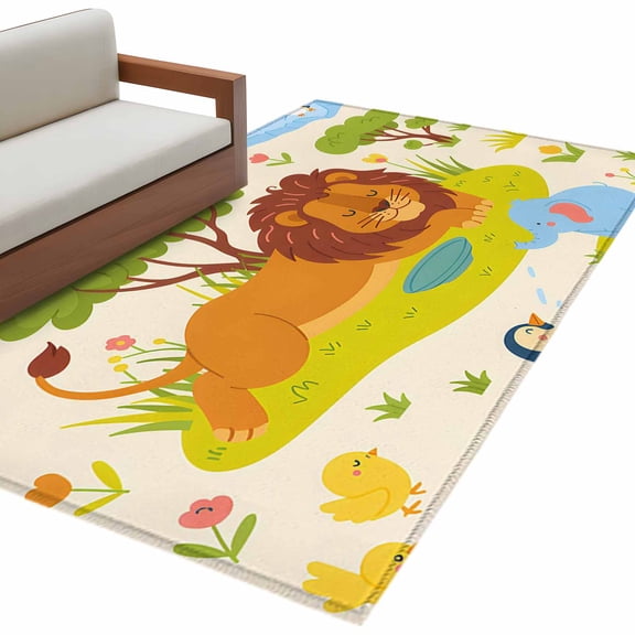 Cute Lion Living Room Rug 4x6 Washable Area Rug for Bedroom, Non-Slip Dining Room Rugs Funny Animal Cartoon Modern Indoor Carpet for Kitchen Entryway Office Nursery Laundry