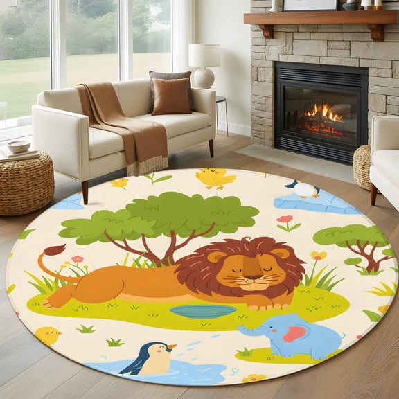 Cute Lion Round Area Rug 6 FT, Non Slip Bedroom Rugs, Funny Animal Cartoon Modern Washable Soft Circular Carpet Non-Shedding Floor Mat for Kitchen Dining Room Home Office Kids Room