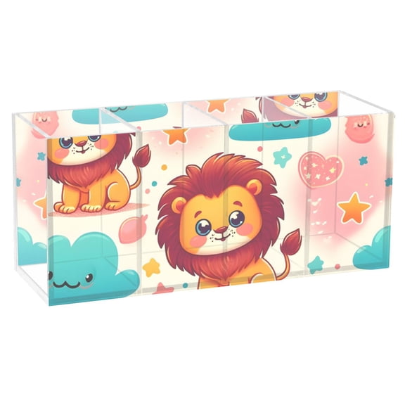 Cute Lion Sun Cloud Acrylic Pencil Pen Holder Cup 4 Compartments Desktop Organiser 7.87"x2.78"x3.54"
