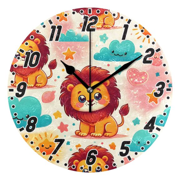 Cute Lion Sun Cloud Round Wall Clock Battery Operated Silent Non-Ticking Bedroom Office Kitchen Home School Decor 10"(Black)