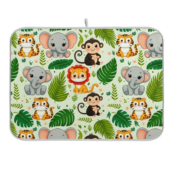 Cute Lion Tiger Monkey Elephants Dish Drying Mat 16x18 Absorbent Microfiber Draining Rack Pad for Kitchen Counter Sink