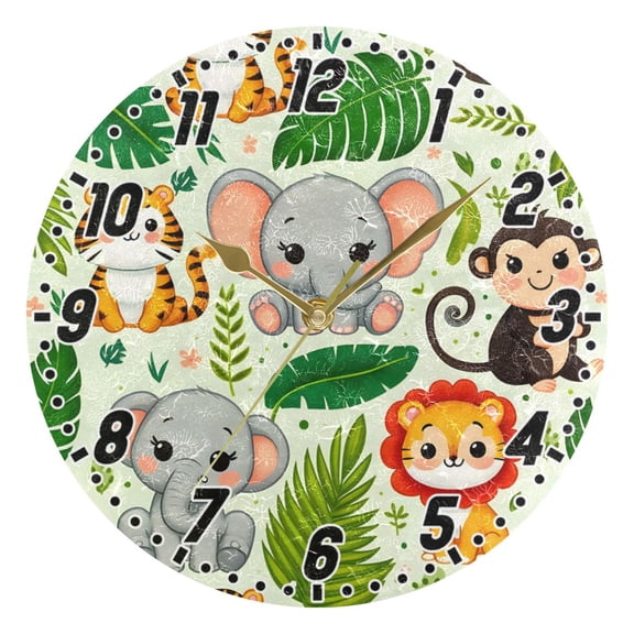 Cute Lion Tiger Monkey Elephants Round Wall Clock Battery Operated Silent Non-Ticking Bedroom Office Kitchen Home School Decor 10"(Gold)