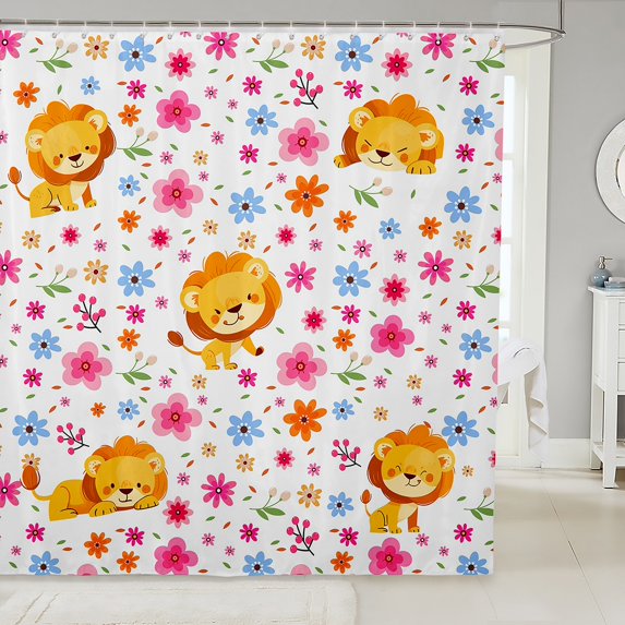 Cute Lion Waterproof Bathroom Curtain Girly Pink Floral Bath Curtain, Animal Theme Shower Curtain Chic Flowers Bathroom Curtains, Spring Blossoms Shower Set