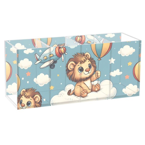 Cute Lion with Balloon Sit Cloud Acrylic Pencil Pen Holder Cup 4 Compartments Desktop Organiser 7.87"x2.78"x3.54"
