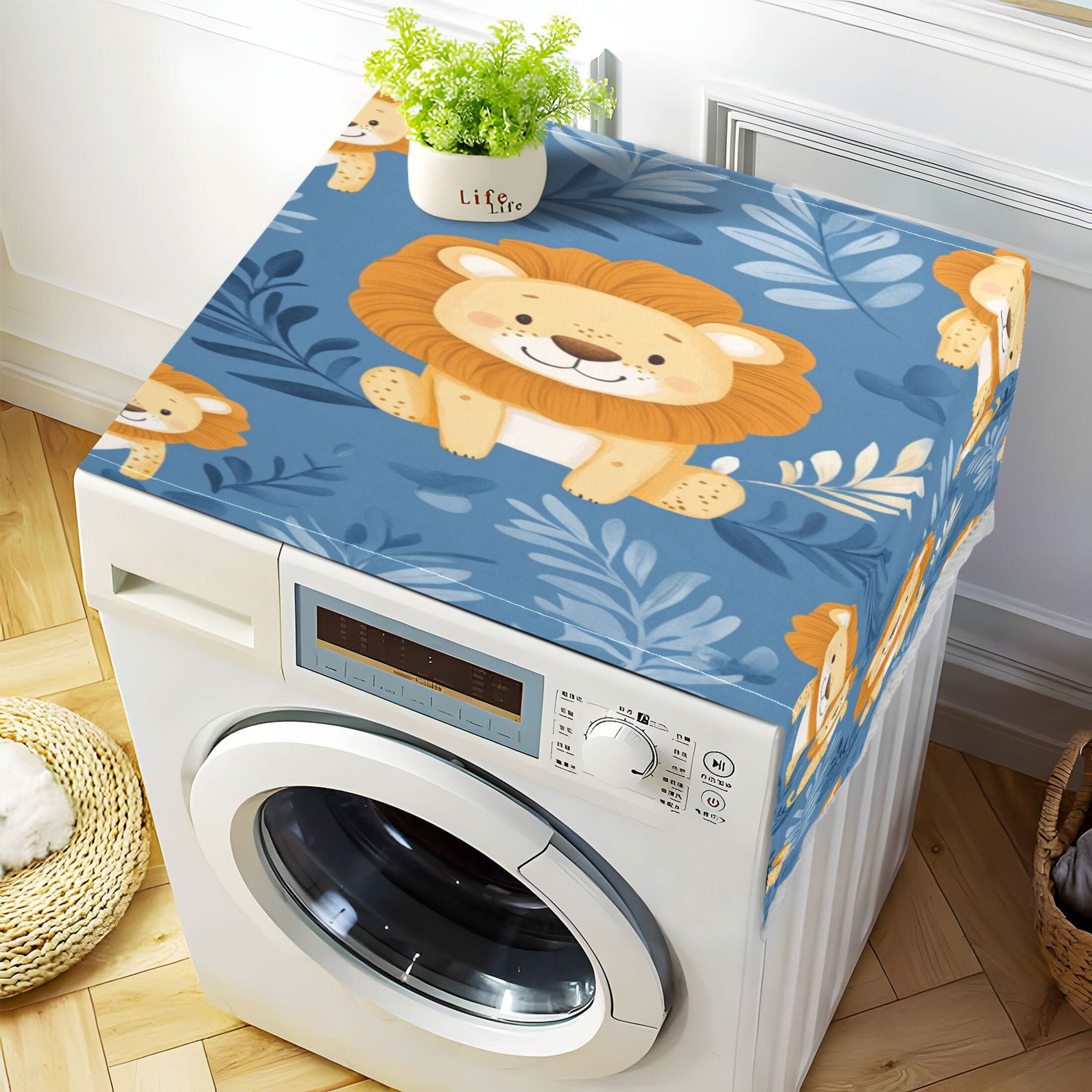 Cute LionWasher and Dryer Covers Dust-Proof and Oil Resistant Fridge Cover with 4 Storage Pockets Washing Machine Top Cover for Laundry Kitchen Home 51.2 x 22 In
