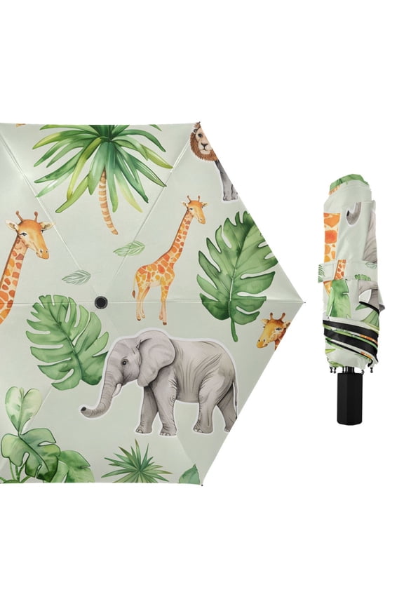 Cute Lions Elephants Giraffes Leaves All Weather Umbrella Triple Folding Parasol 6 Ribs UV Protection Portable