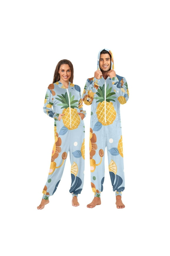 Cute Lions Pineapples Adult Onesie Pajamas Slim Fit Christmas One Piece Suit Pjs for Women and Men Hooded Zipper