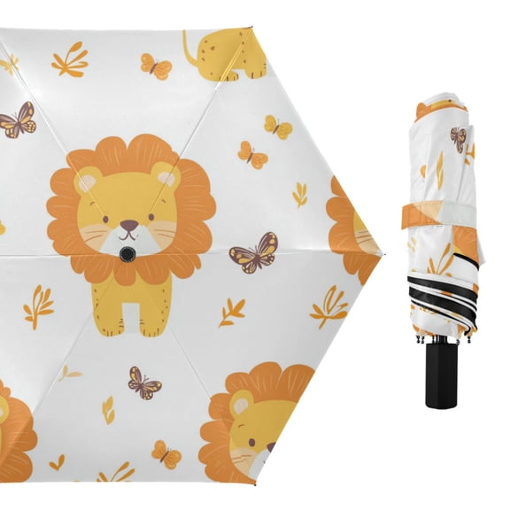 Cute Lions and Butterflies All Weather Umbrella Triple Folding Parasol 6 Ribs UV Protection Portable