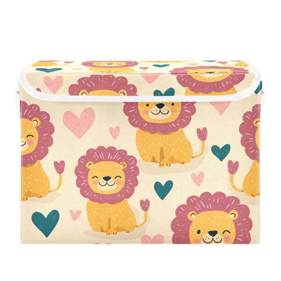 Cute Lions with Hearts Valentine Theme Foldable Storage Bins with Lids Handles Collapsible Storage Containers Tote Boxes 16.5 x 12.6 x 11.8 inches