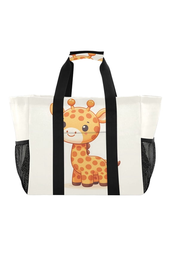 Cute Litter Giraffe Reusable Grocery Bags with Handle Side Pocket Waterproof Shopping Portable Tote