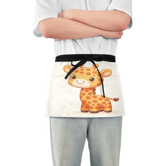 Cute Litter Giraffe Server Apron with 3 Pockets Waterproof Waitress Waist Short Apron for Man Woman 12 Inches