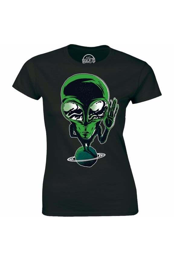 Cute Little Alien Standing On Planet Greeting Humans Women's Gift T-Shirt