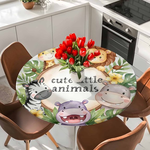 Cute Little Animal Prints Lions Zebras Round Fitted Tablecloth with Elastic Edge,Waterproof Table Cloth Fits Tables Up to 36"-44",Wipeable Table Cover for Indoor Outdoor Dinning,Haemorrhoids Giraffes