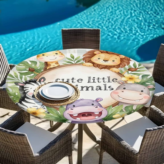 Cute Little Animal Prints Lions Zebras Round Fitted Tablecloth with Elastic Edge,Waterproof Table Cloth Fits Tables Up to 45"-54",Wipeable Table Cover for Indoor Outdoor Dinning,Haemorrhoids Giraffes