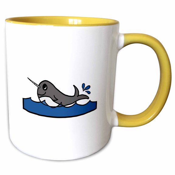 3drose, Cute Little Baby Narwhal Splashing in the Water., 11oz Two-tone Yellow Mug
