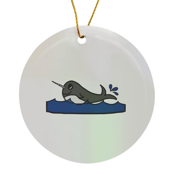 3drose, Cute Little Baby Narwhal Splashing in the Water., Circle Porcelain Ornament