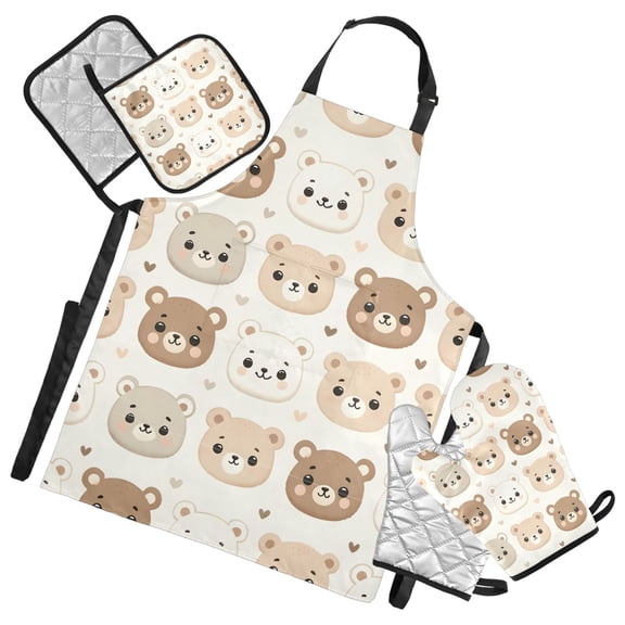 Cute Little Bear Face 5 Pcs Kitchen Set Heat Resistant Oven Mitts and Non-Slip Pot Holders with Adjustable Cooking Apron