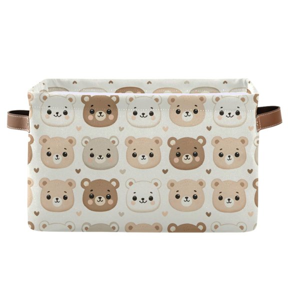 Cute Little Bear Face Storage Bins with Handle Fabric Organizer Basket Foldable Box 1 Pack 14.2x10.2x8.3