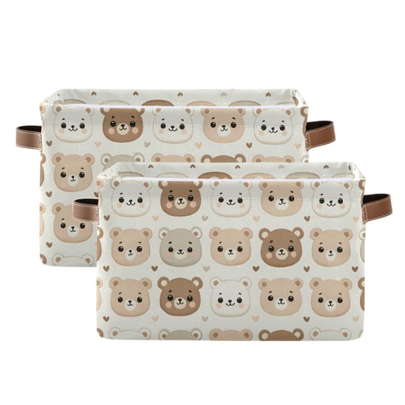 Cute Little Bear Face Storage Bins with Handle Fabric Organizer Basket Foldable Box 2 Pack 14.2x10.2x8.3