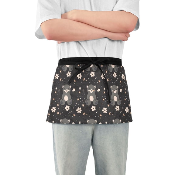 Cute Little Bear and Flower Server Apron with 3 Pockets Waterproof Waitress Waist Short Apron for Man Woman 12 Inches