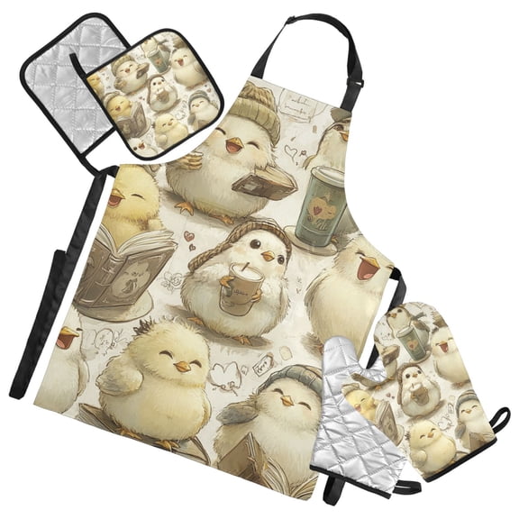 Cute Little Birds Oven Mitts and Pot Holders with Chef Apron Set 5 Pcs Kitchen Cooking Set